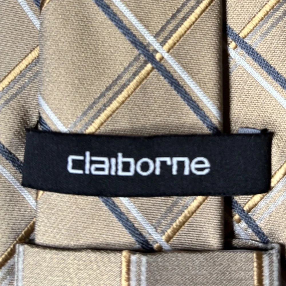 Claiborne Mens Silk Tie Gold Navy Blue White Diagonal Plaid Check Necktie